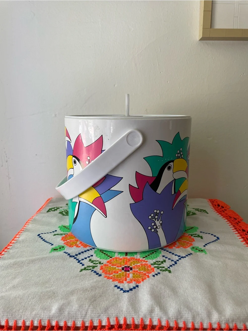 Vintage Toucan Ice Bucket with Coaster & Tongs